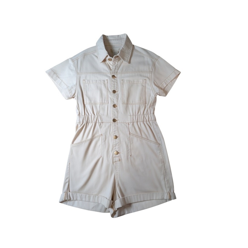 Altars State Cream Denim Romper Medium Short Sleeve Utility Jean Jumpsuit Cream